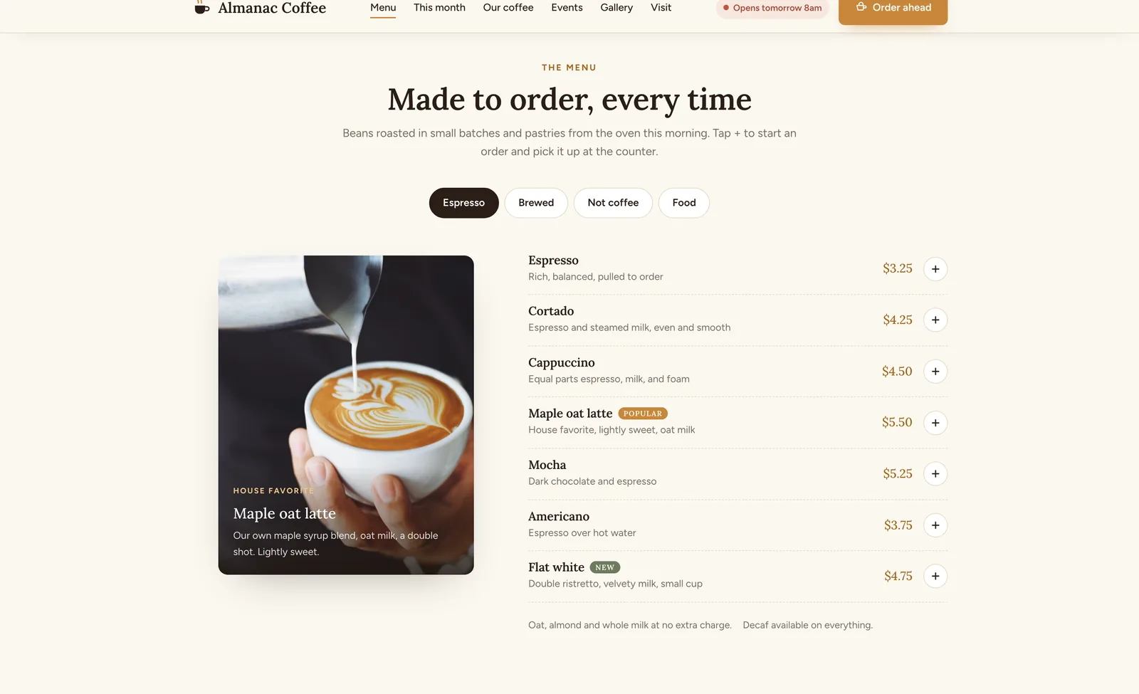 Almanac menu section: four filter tabs, a photograph of a maple oat latte marked house favourite, and a price list with Espresso, Cortado, Cappuccino, Maple oat latte, Mocha, Americano and Flat white, each with a price and a plus button.