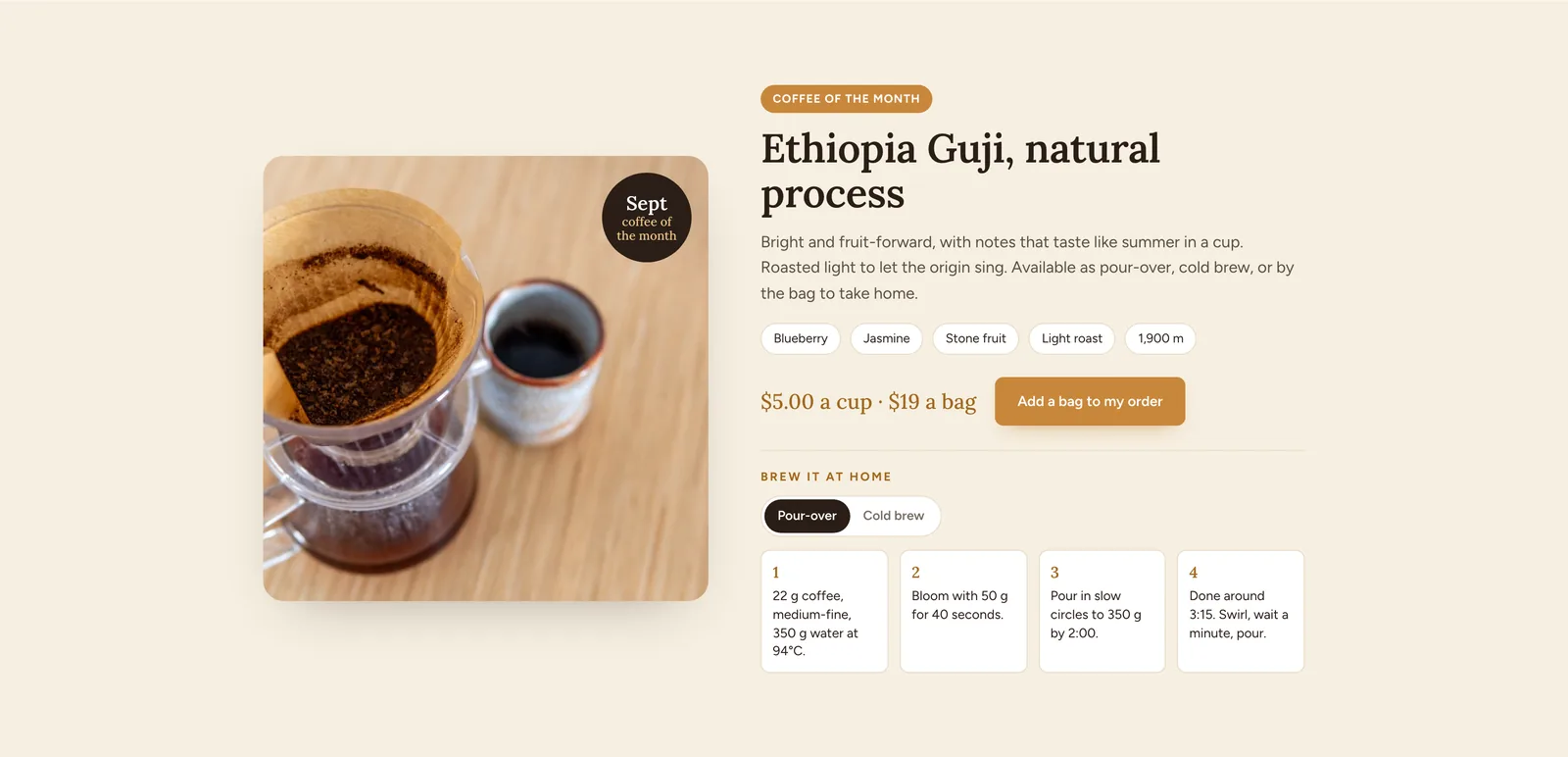 Almanac coffee of the month: a photograph of ground coffee and a brewed cup, the heading "Ethiopia Guji, natural process", tasting notes as pills, four brewing steps, and the prices $5.00 a cup and $19 a bag.