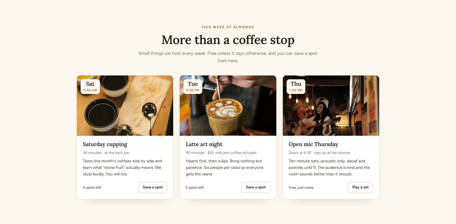 Almanac events section: three cards headed Saturday cupping, Latte art night and Open mic Thursday, each with a photograph, a day badge, a description, the number of spots left and a button.