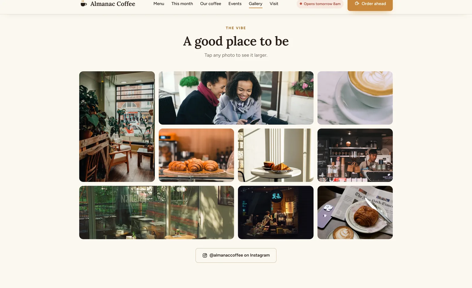 Almanac gallery: a grid of nine photographs of the cafe interior, customers, pastries and coffee, with an Instagram link underneath.