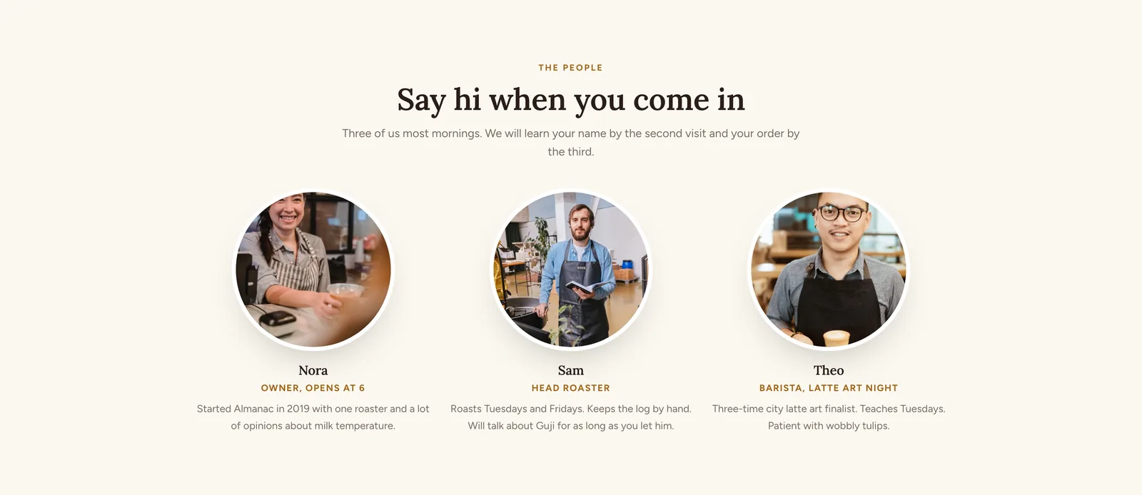 Almanac people section: three round portraits with names and roles, Nora the owner, Sam the head roaster and Theo on late nights, each with a sentence about them.
