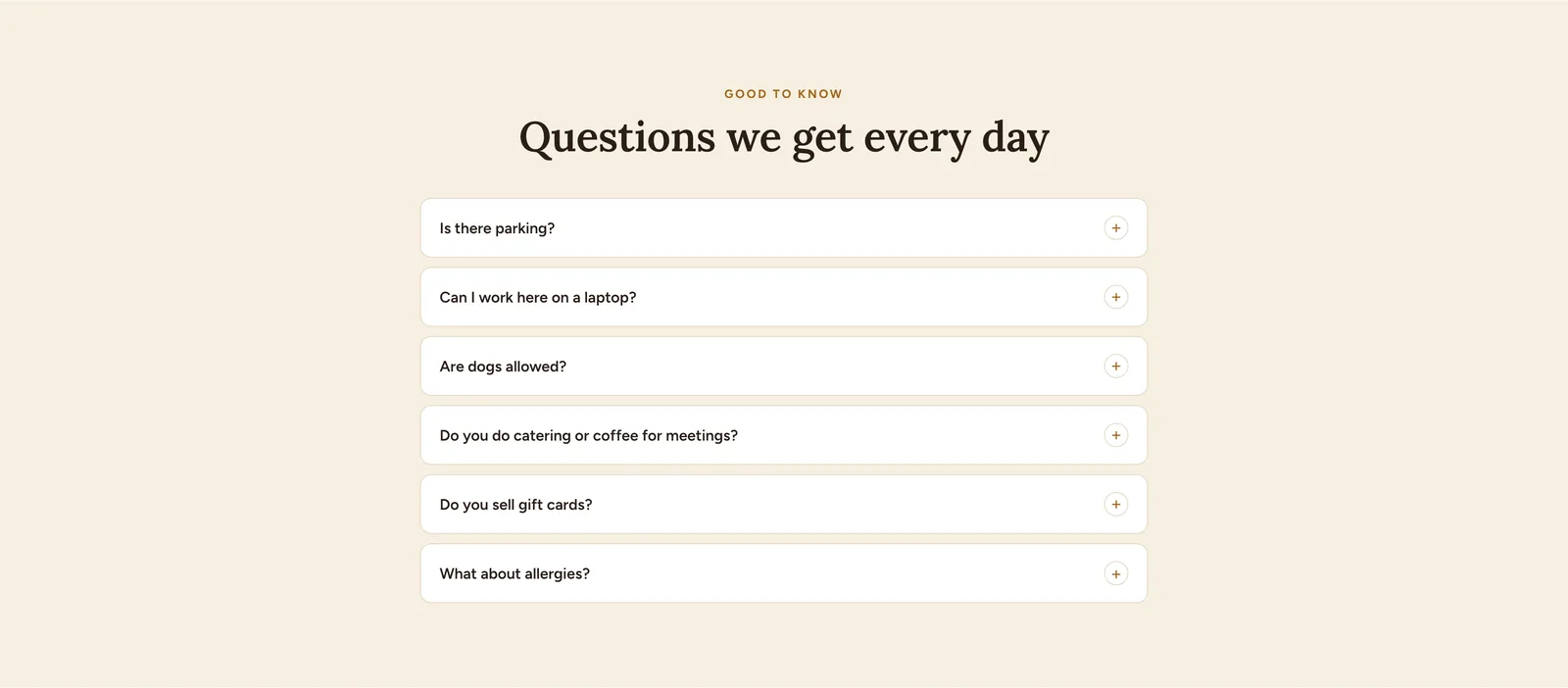 Almanac FAQ: six collapsed questions reading Is there parking, Can I work here on a laptop, Are dogs allowed, Do you do catering or coffee for meetings, Do you sell gift cards, and What about allergies.