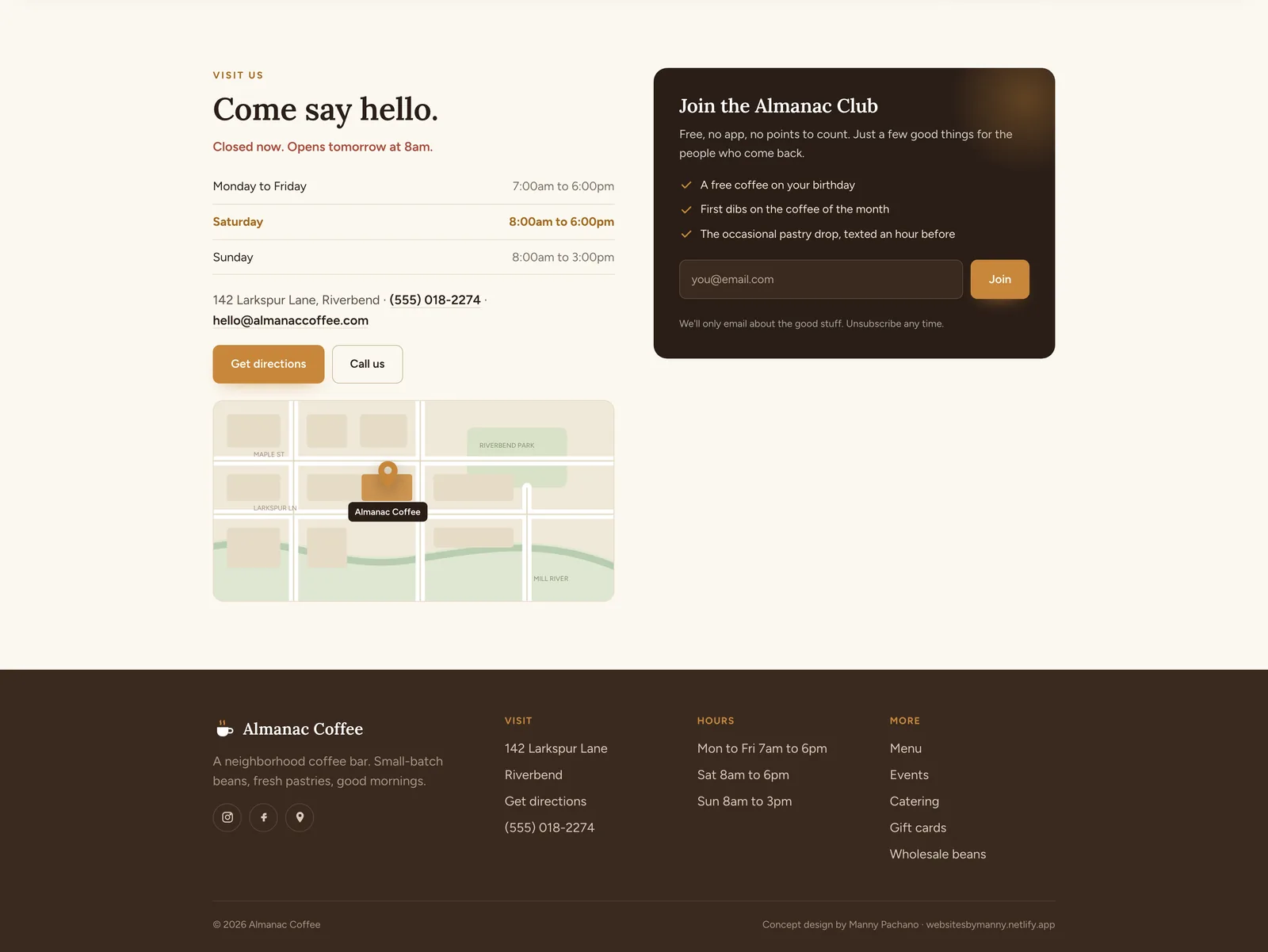 Almanac visit section: opening hours with Saturday highlighted, the address and phone number, Get directions and Call us buttons, a hand-drawn map, and a dark Join the Almanac Club card with an email field. Below it the footer with hours, address and links.