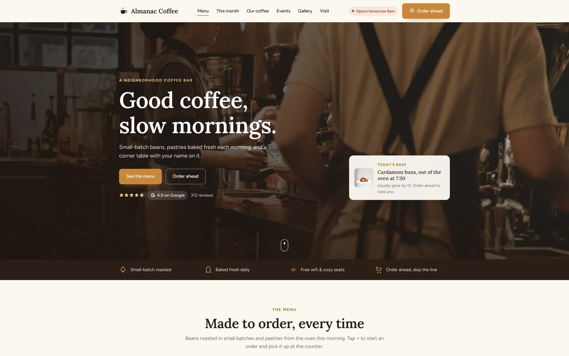 First screen of the Almanac Coffee Bar concept: a dark photograph of a barista at work, the headline "Good coffee, slow mornings.", two buttons, a 4.9 Google rating, and a card showing today's bake.
