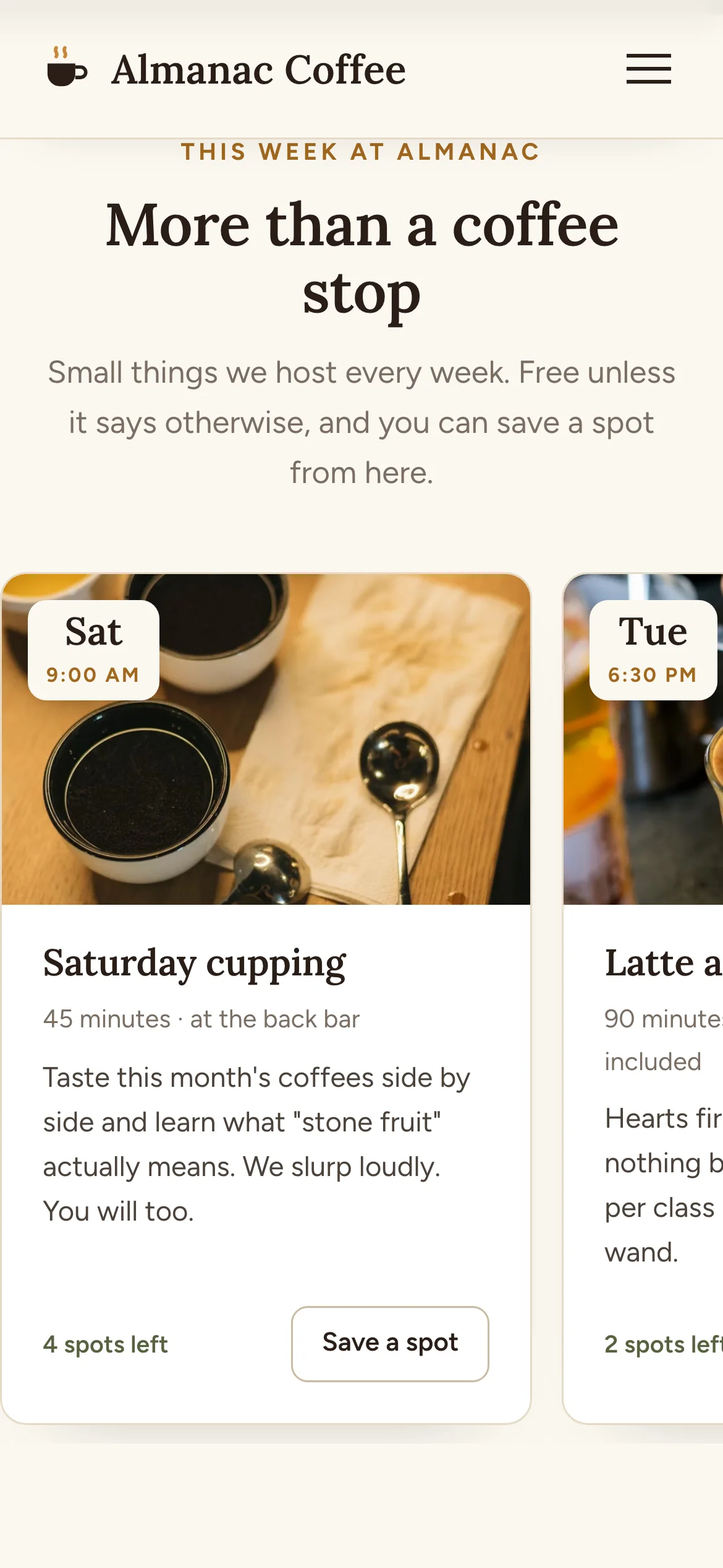 Almanac on a phone: the events heading and two event cards side by side in a strip that scrolls sideways.
