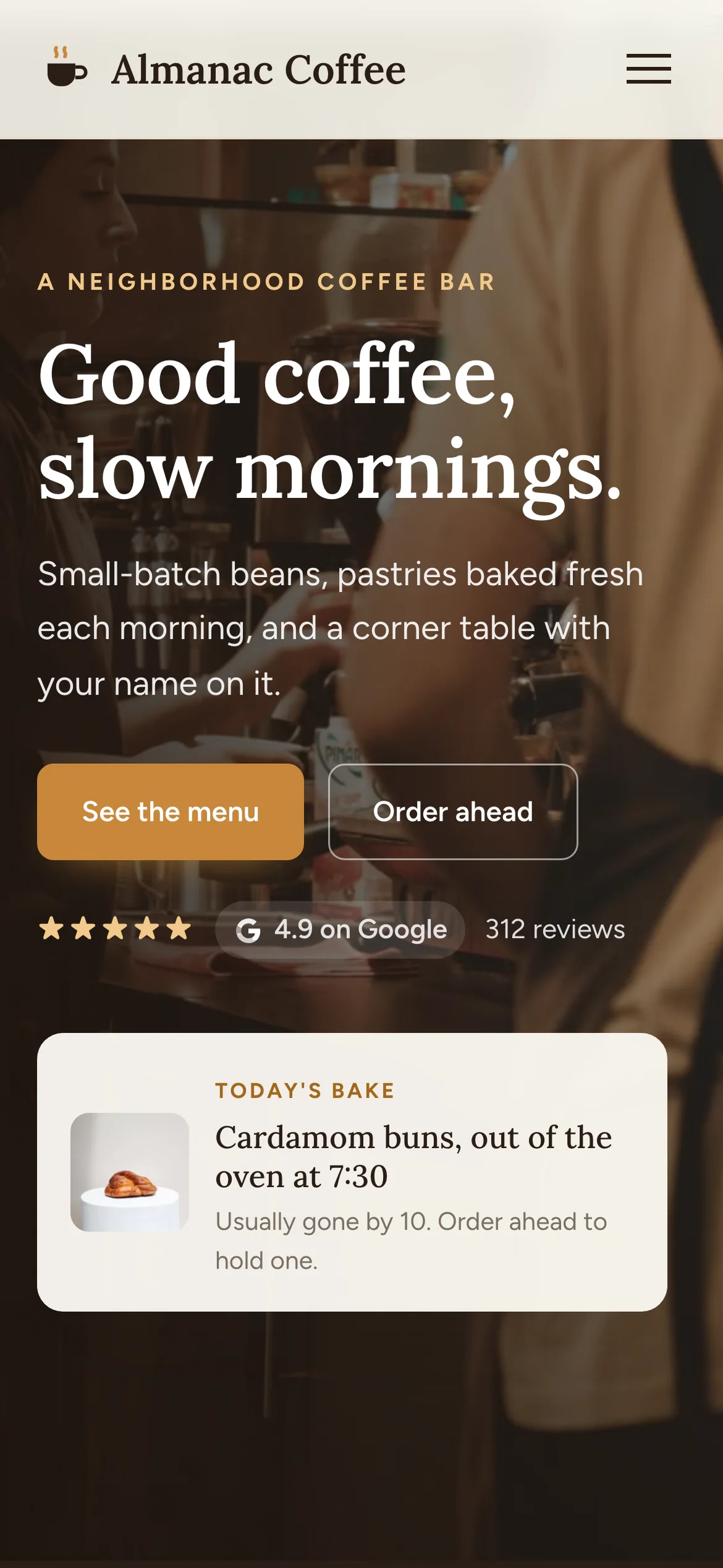 Almanac on a phone: the headline over the photograph, two full-width buttons, the Google rating and the today's bake card.
