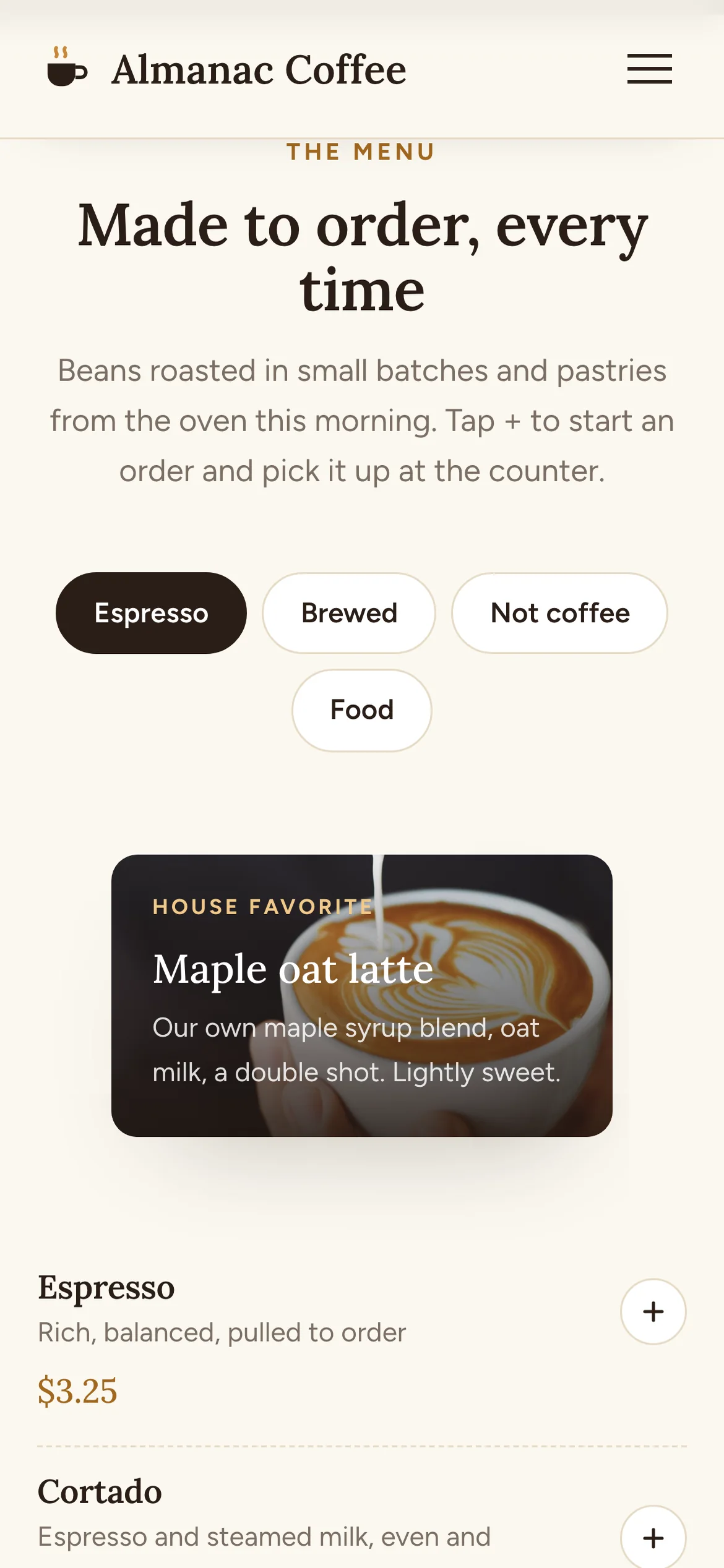 Almanac on a phone: the four menu tabs wrapped onto two lines, the house favourite photo card, and the price list with plus buttons.