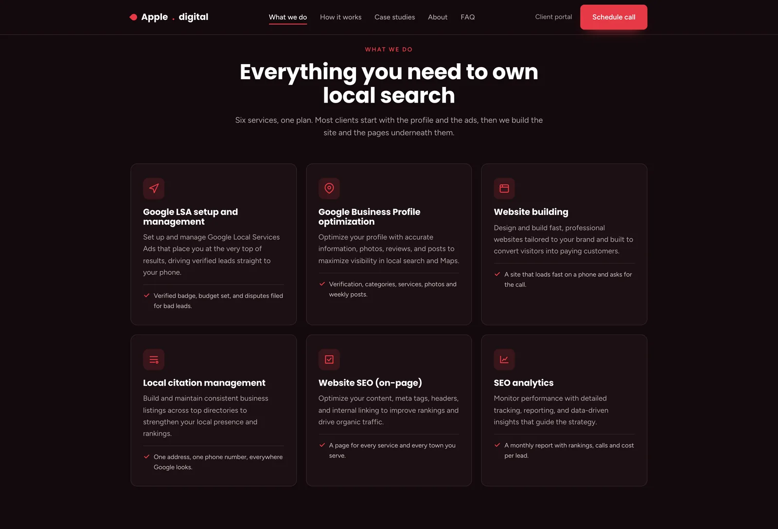 Apple SEO services section: six cards headed Google LSA setup and management, Google Business Profile optimization, Website building, Local citation management, Website SEO on-page, and SEO analytics, each with a description and a checked detail line.