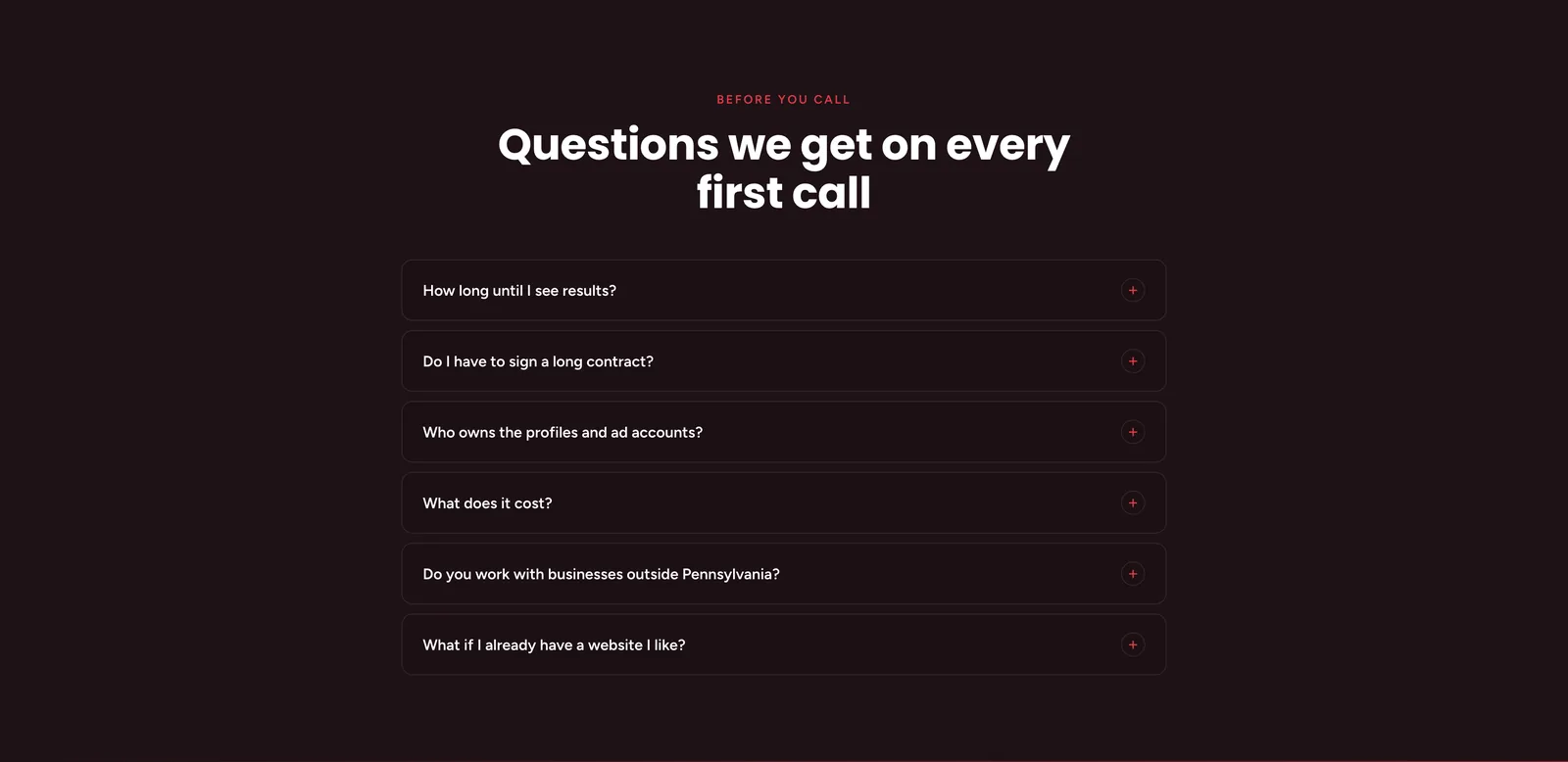 Apple SEO FAQ: six collapsed questions reading How long until I see results, Do I have to sign a long contract, Who owns the profiles and ad accounts, What does it cost, Do you work with businesses outside Pennsylvania, and What if I already have a website I like.