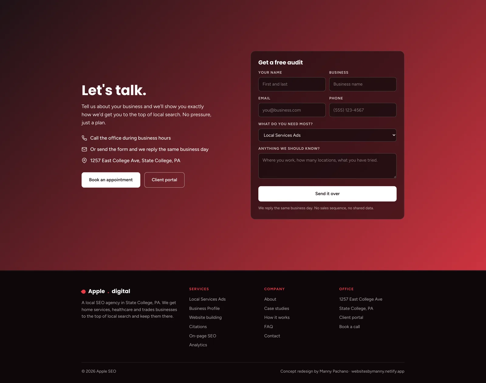 Apple SEO contact section: the heading "Let's talk." with a phone, email and office address on the left and a Get a free audit form on the right asking for name, business, email, phone, what they need and a message. Below it the footer with services, company links and the office address.