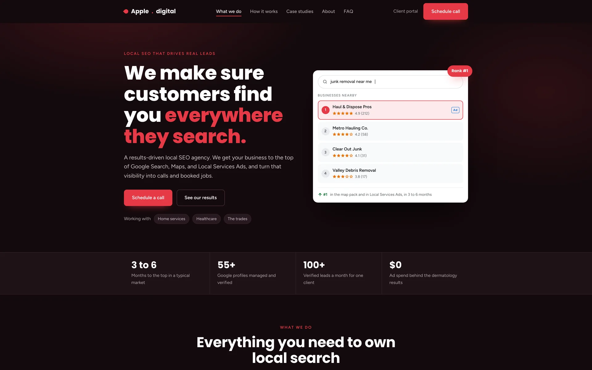 First screen of the Apple SEO concept: the headline "We make sure customers find you everywhere they search." with "everywhere" in red, two buttons, and a drawn local search result showing a business moving from rank seven to the top.