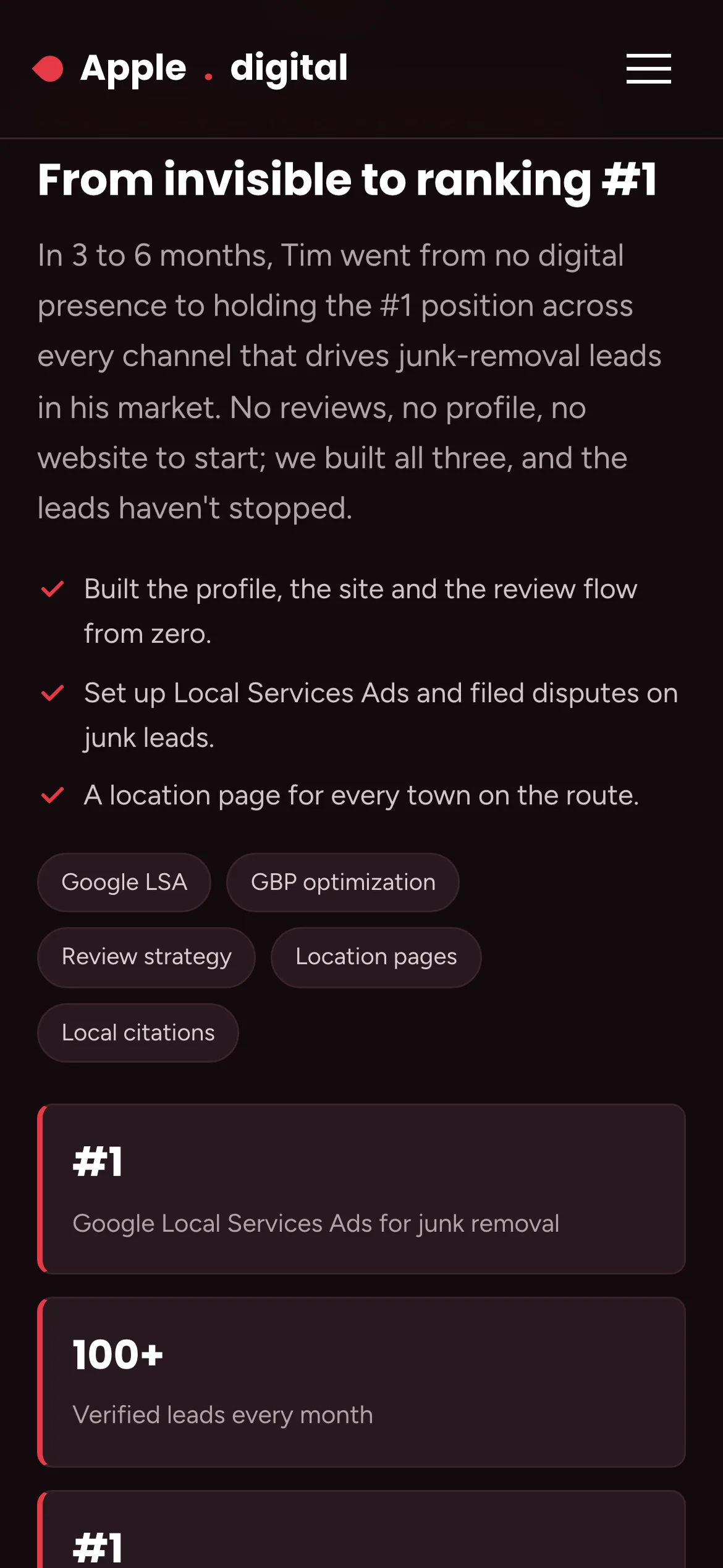 Apple SEO on a phone: a case study with its narrative, checked points, tactic tags and the stat tiles stacked one per row.