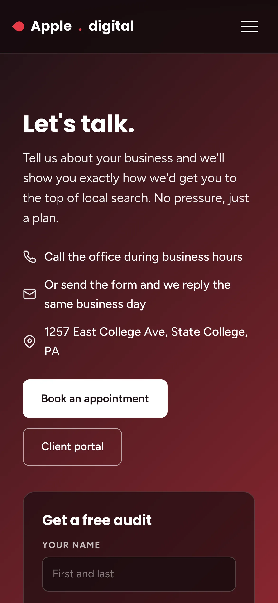 Apple SEO on a phone: the heading "Let's talk.", the three contact lines, two buttons and the start of the audit form.