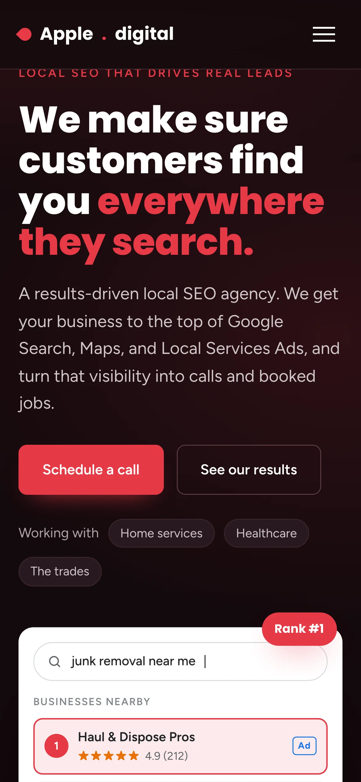 Apple SEO on a phone: the headline, the description, two full-width buttons, industry tags and the drawn search result panel below.