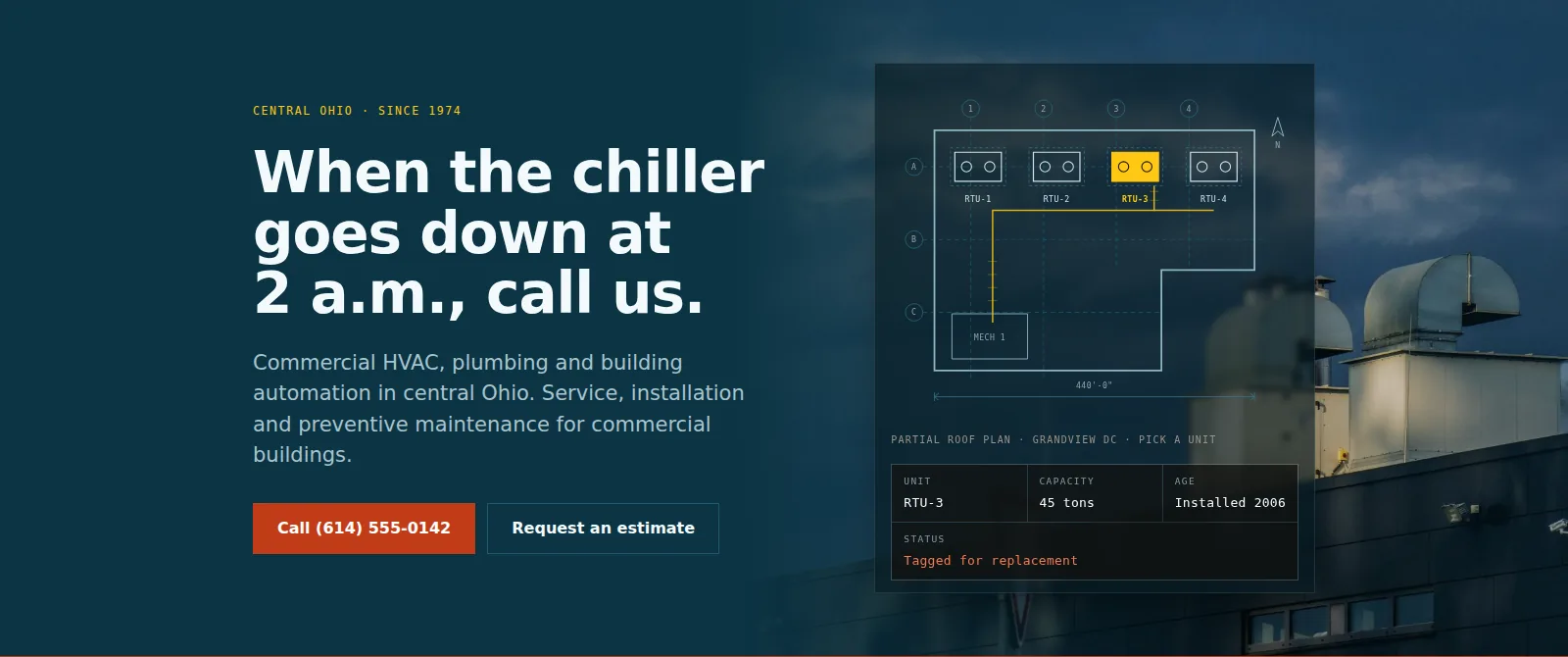 Halstead hero: a petrol gradient over a photograph of rooftop air handlers under a dark sky, the headline "When the chiller goes down at 2 a.m., call us.", a description of the services, a red Call button and an outlined Request an estimate button, and a dark roof plan panel showing RTU-1 to RTU-4 with RTU-3 highlighted in yellow and a readout giving 45 tons, installed 2006, tagged for replacement.