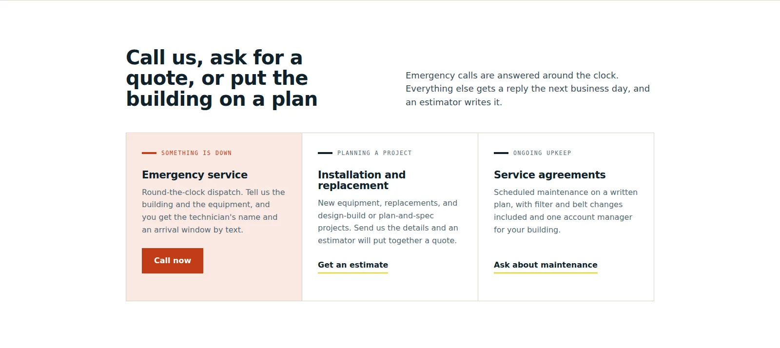 Halstead entry section: the heading "Call us, ask for a quote, or put the building on a plan" with three cards headed Emergency service, Installation and replacement, and Service agreements, each with a short paragraph and an action.