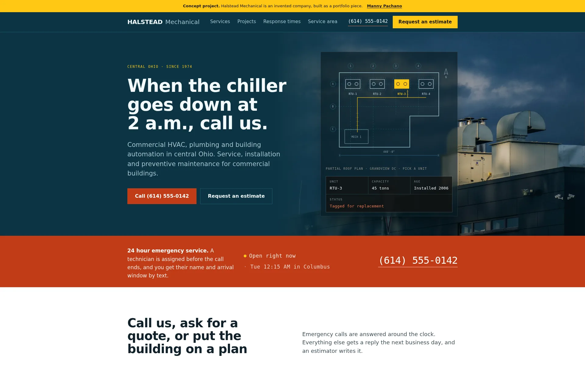 First screen of the Halstead Mechanical concept: a dark petrol hero over a photograph of rooftop air handlers at dusk, the headline "When the chiller goes down at 2 a.m., call us.", a call button and an estimate button, a roof plan panel with four rooftop units where one is selected, and an orange emergency strip underneath with a live Columbus clock and the phone number.