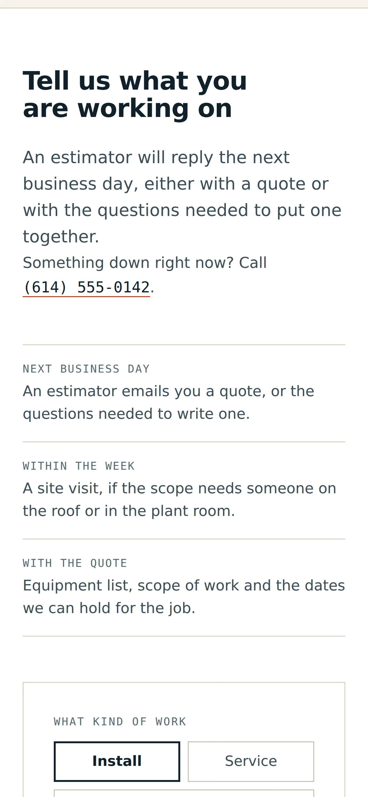Halstead on a phone: the heading "Tell us what you are working on", the three rows of what happens next, and the work type buttons at the start of the form.