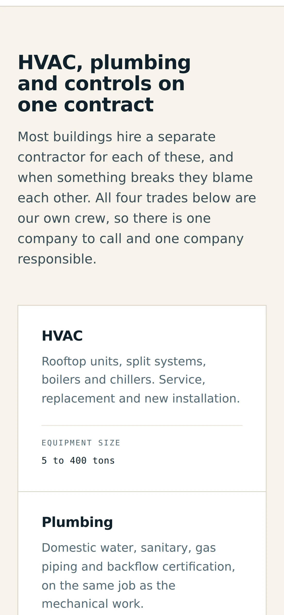 Halstead on a phone: the heading "HVAC, plumbing and controls on one contract", a paragraph, then the HVAC and Plumbing cards stacked with their specification lines.