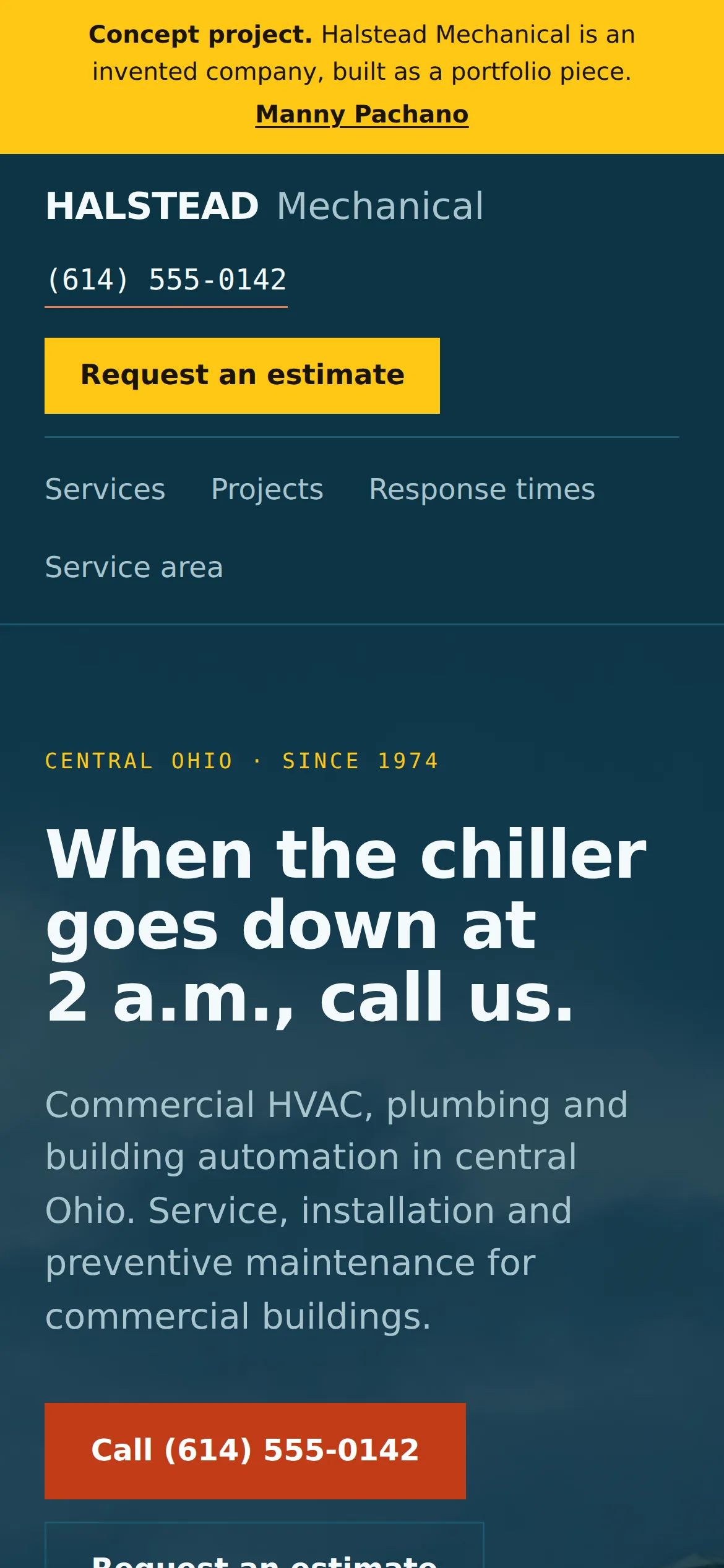 Halstead on a phone: the concept notice, the header with the phone number and a full-width estimate button, the headline over the rooftop photograph and a full-width red Call button.