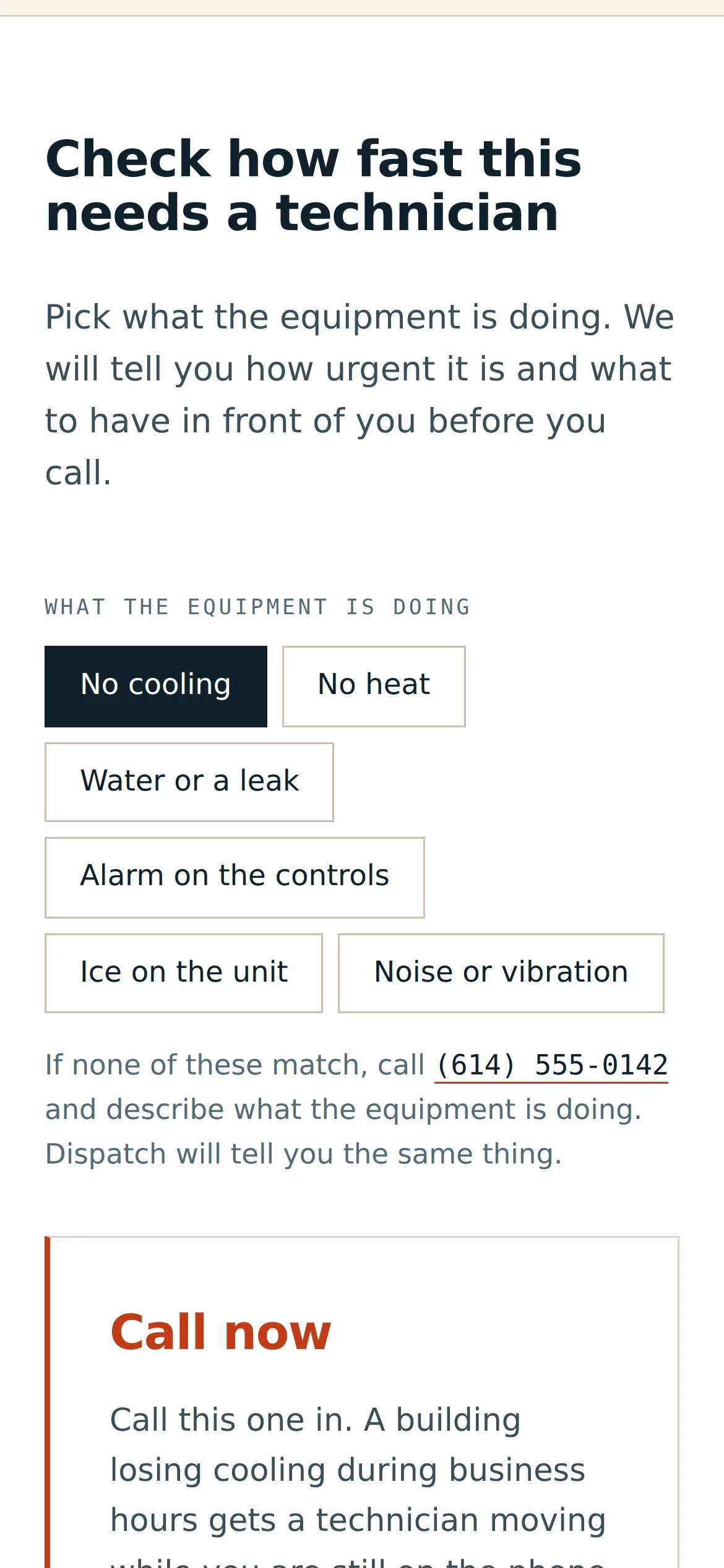 Halstead on a phone: the heading "Check how fast this needs a technician", six symptom buttons wrapped over three rows, and the start of the Call now verdict panel.