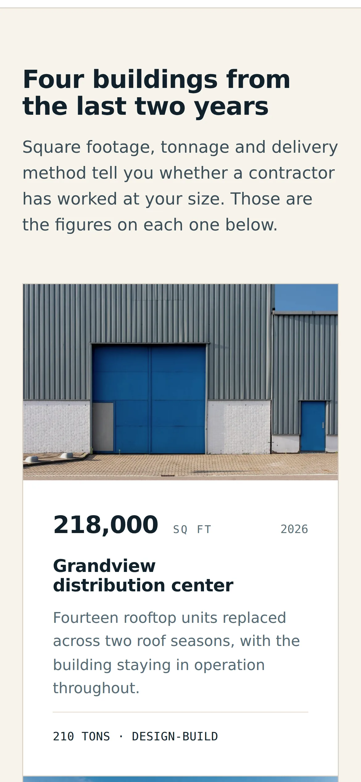 Halstead on a phone: the heading "Four buildings from the last two years" and the first project card with its photograph, 218,000 sq ft, the project name and the scope.