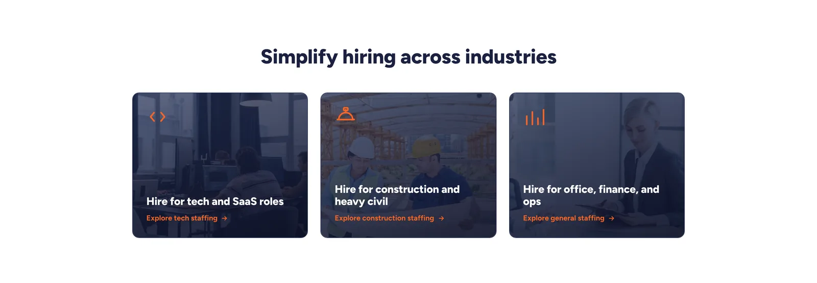 Rise Talent industries section: three photo cards reading Hire for tech and SaaS roles, Hire for construction and heavy civil, and Hire for office, finance and ops, each with an explore link.