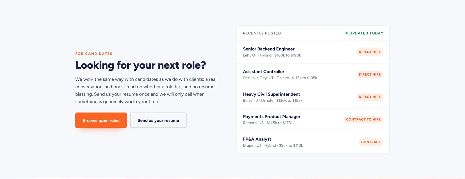 Rise Talent candidates section: the heading "Looking for your next role?", a paragraph about honest feedback and no resume blasting, Browse open roles and Send us your resume buttons, and a recently posted panel listing Senior Backend Engineer, Assistant Controller, Heavy Civil Superintendent, Payments Product Manager and FP&A Analyst with locations and pay ranges.