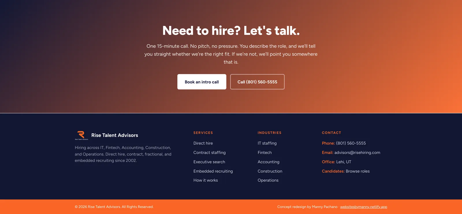 Rise Talent closing section: an orange gradient band with the heading "Need to hire? Let's talk.", a paragraph about a fifteen-minute call with no pitch, and Book an intro call and Call buttons. Below it a navy footer with services, industries and contact columns and an orange bottom bar.
