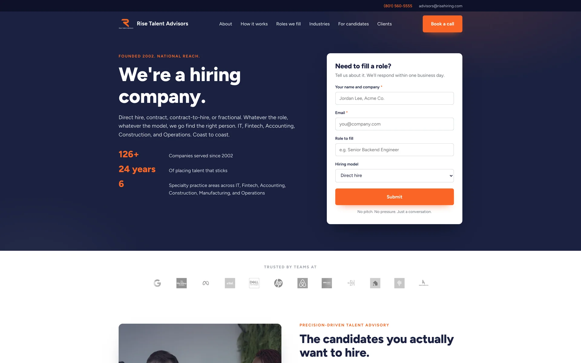 First screen of the Rise Talent Advisors concept: a dark navy hero with the headline "We're a hiring company.", three figures, and a Need to fill a role form on the right.