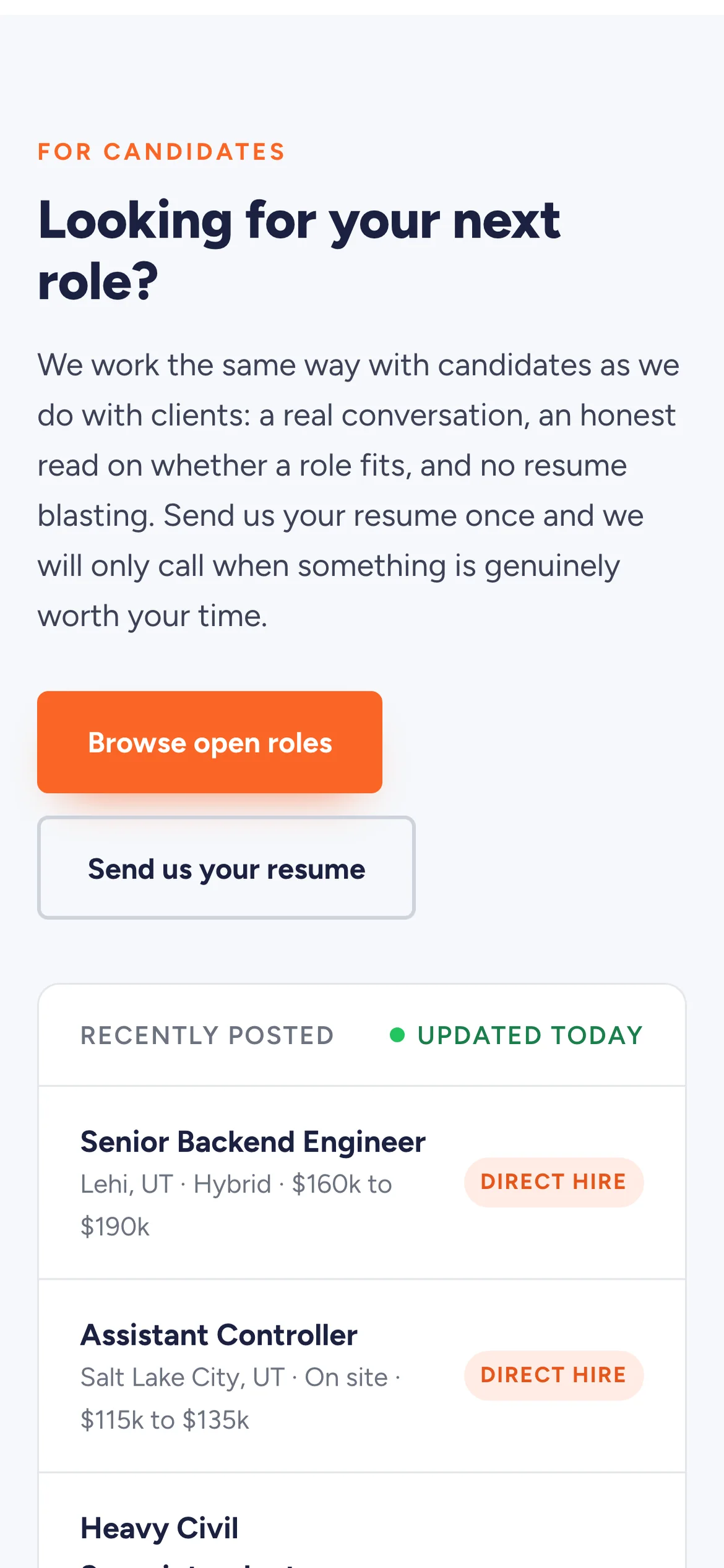 Rise Talent on a phone: the candidates section with two buttons and the recently posted roles panel listing jobs with locations and pay ranges.