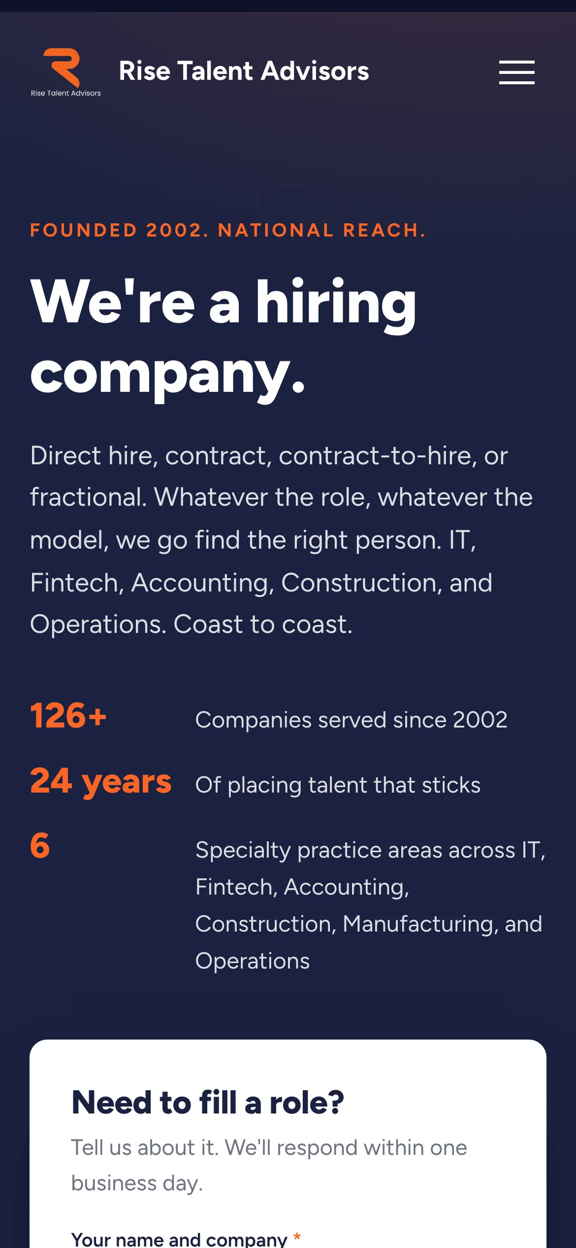 Rise Talent on a phone: the headline, the paragraph, the three figures stacked with their labels beside them, and the top of the hire request form.