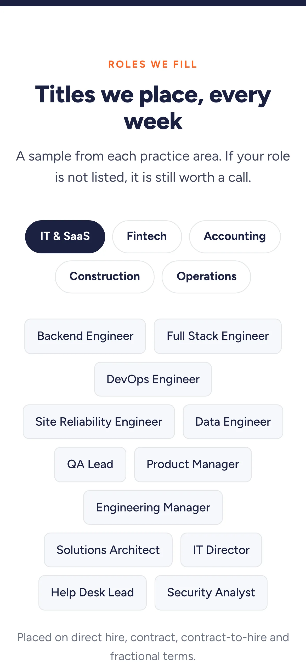 Rise Talent on a phone: the roles section with five practice area chips wrapped onto three lines and the job title tags below.
