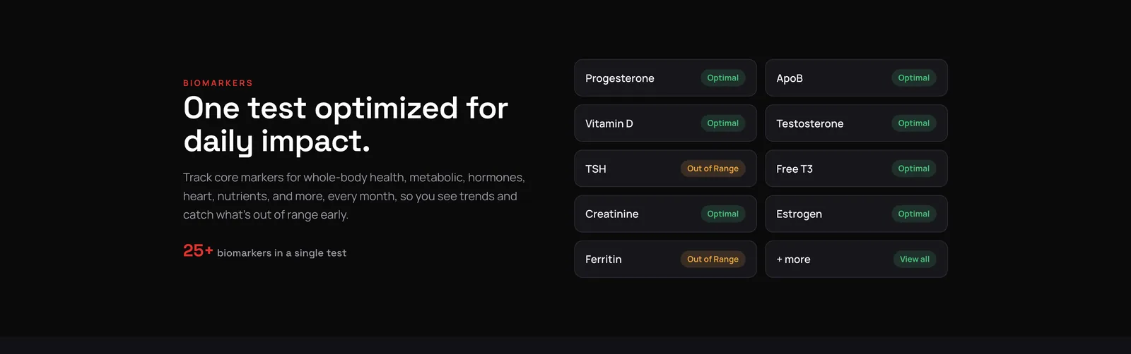 A headline about one test for daily impact next to a grid of biomarker names with green Optimal and amber Out of range pills.