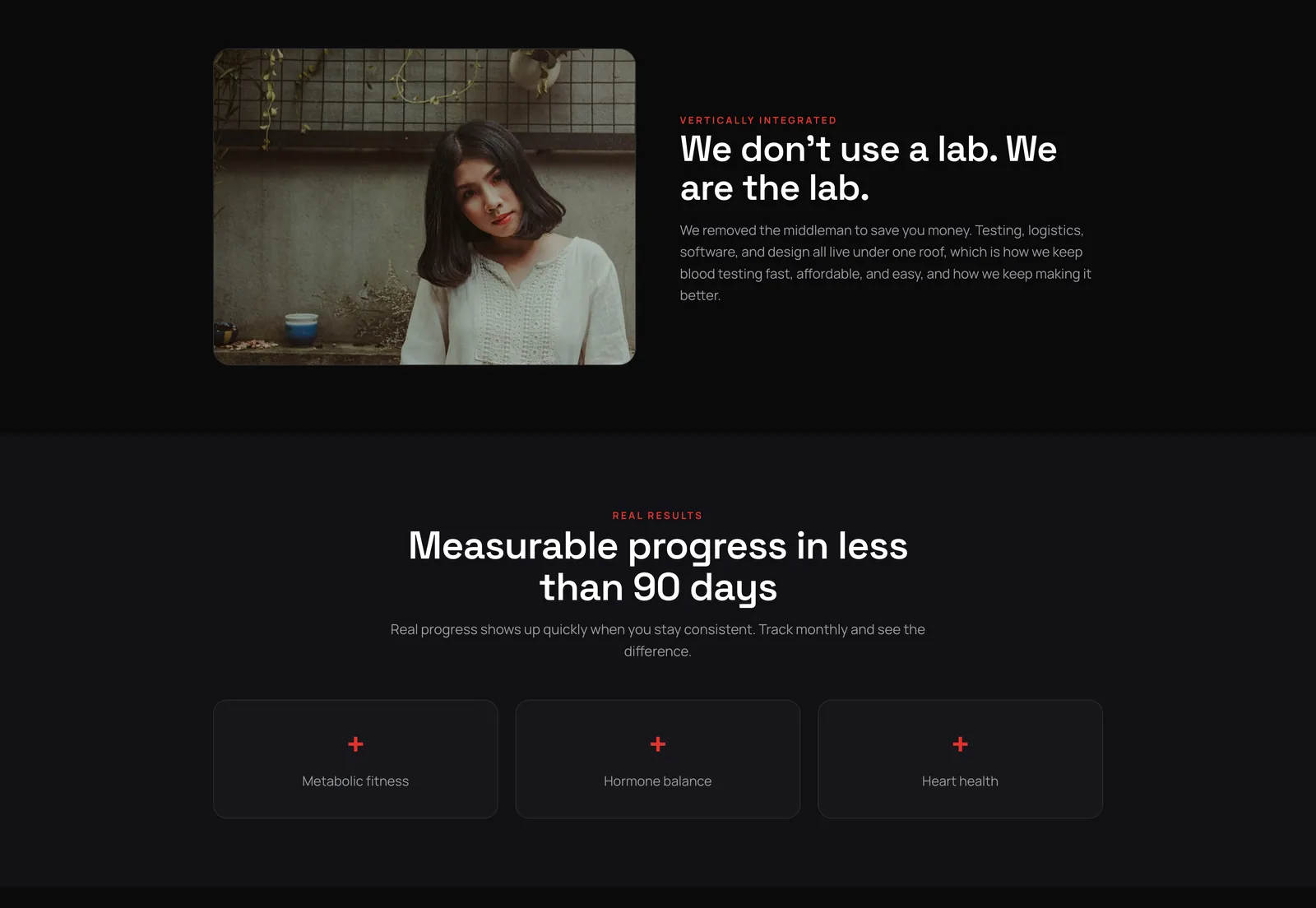 A portrait photo beside the headline "We don't use a lab. We are the lab." and three cards for metabolic fitness, hormone balance and heart health.