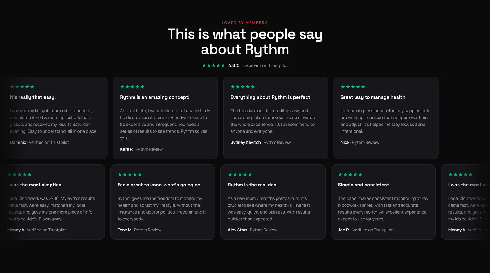 Two rows of five-star review cards with a 4.8 out of 5 Trustpilot rating above them.