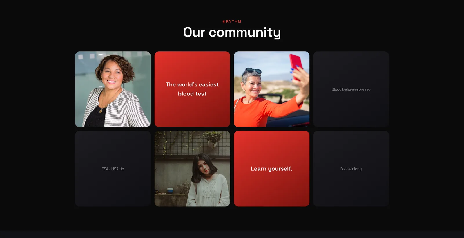 An eight-tile grid mixing photos, red tiles with short lines of text and dark tiles.