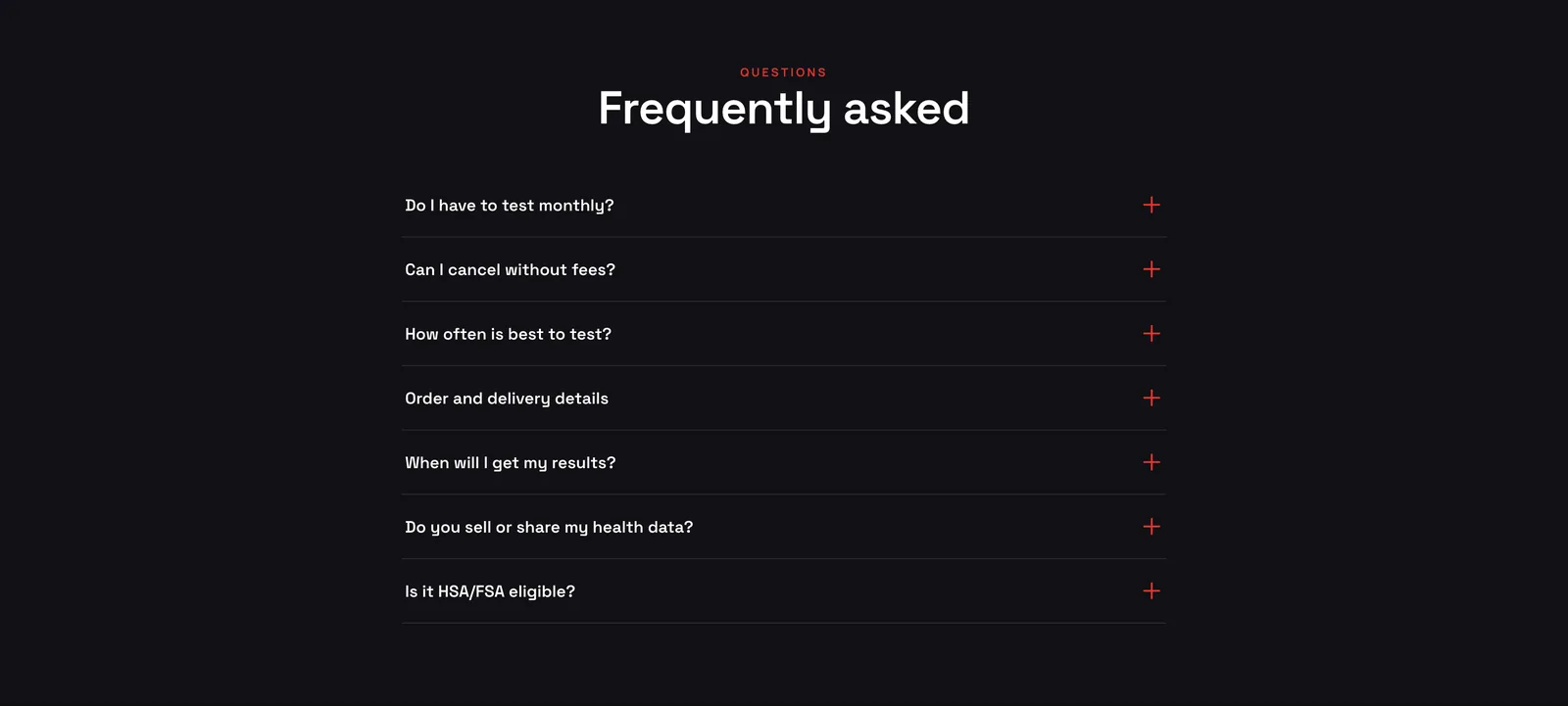 A list of seven frequently asked questions with a red plus sign on each row.