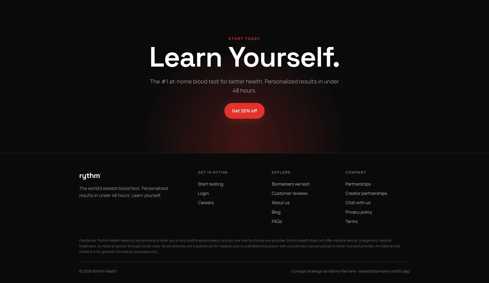 The headline "Learn Yourself." with a red button, above a footer with three link columns and a disclaimer.