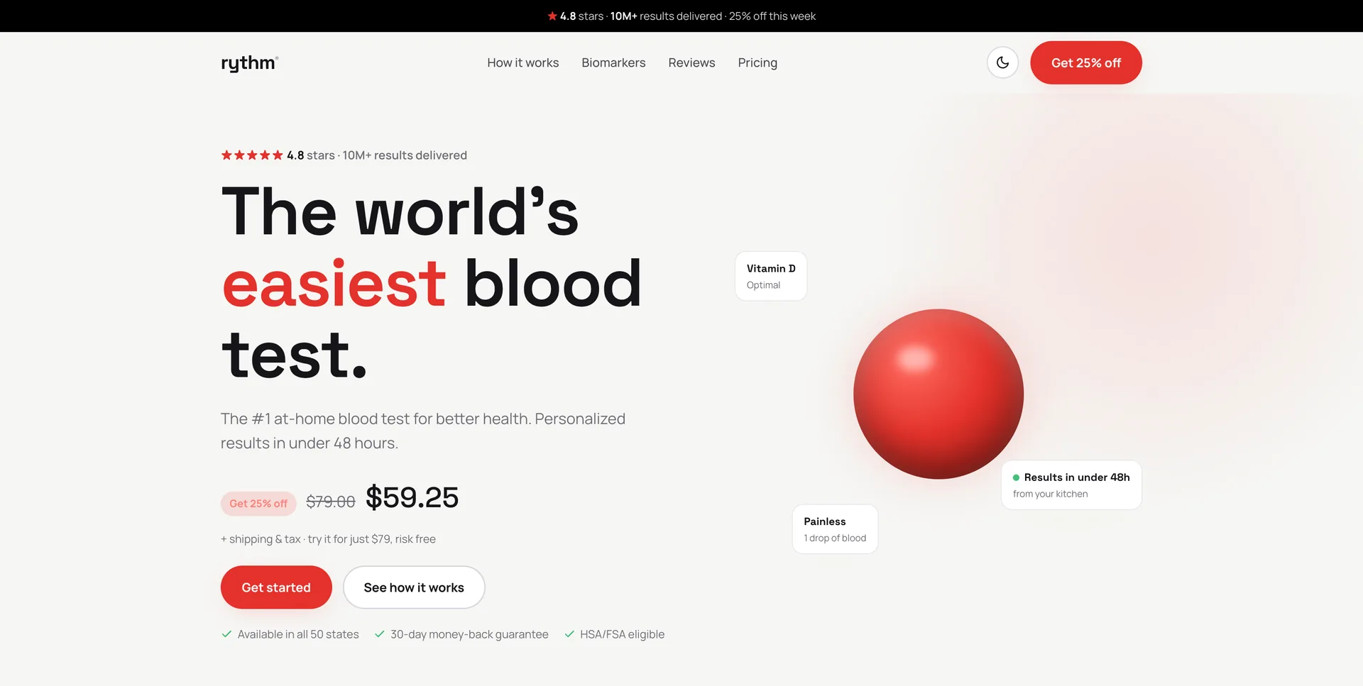 First screen of the Rythm concept: announcement bar, header, the headline "The world's easiest blood test" with "easiest" in red, the discounted price, two buttons, three trust points and a floating red sphere with result badges around it.