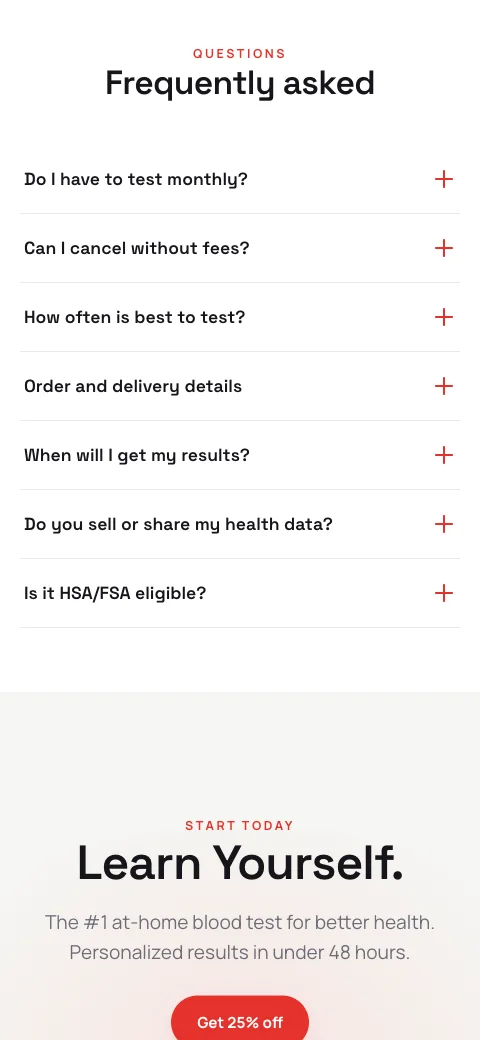 Rythm on a phone: the FAQ list and the final call to action.