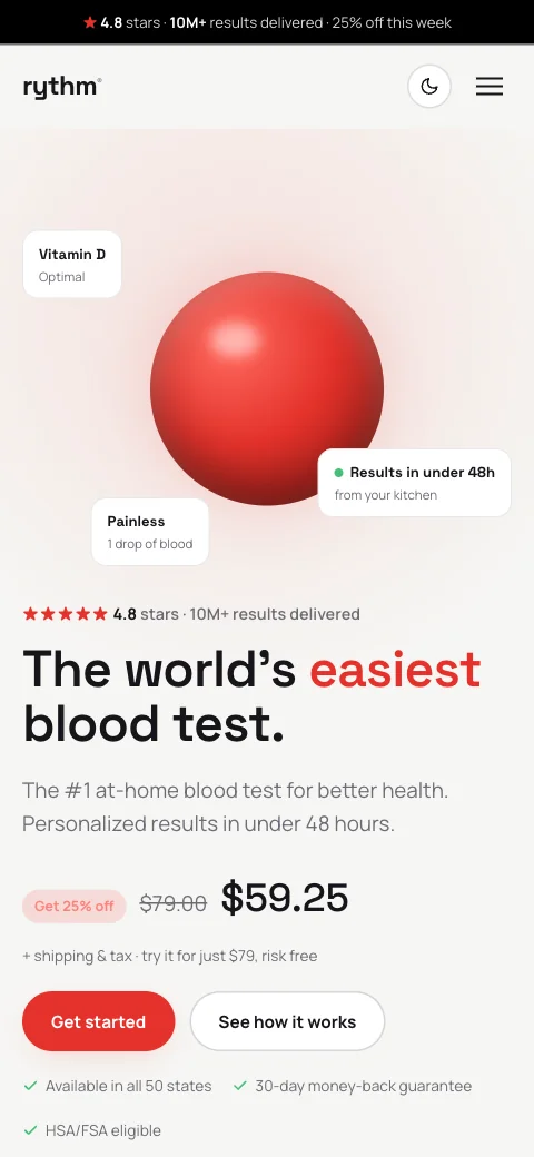 Rythm on a phone: the red sphere first, then the headline, the price and two full-width buttons.