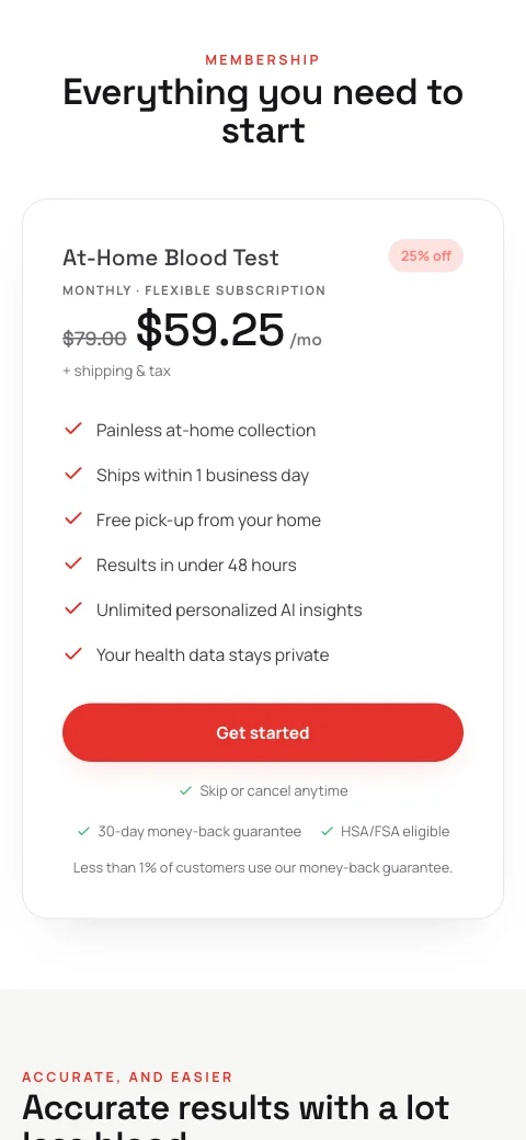 Rythm on a phone: the membership card filling the width with the price, the included items and the button.