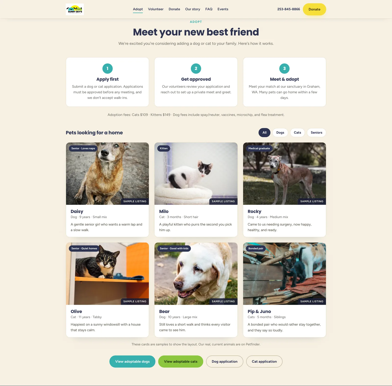 Sunny Sky's adopt section: the heading "Meet your new best friend", three numbered steps Apply first, Get approved and Meet and adopt, a line of adoption fees, filter chips reading All, Dogs, Cats and Seniors, six pet cards each with a photograph, a badge and a sample listing label, a note that the cards are samples and the real animals are on Petfinder, and four buttons.
