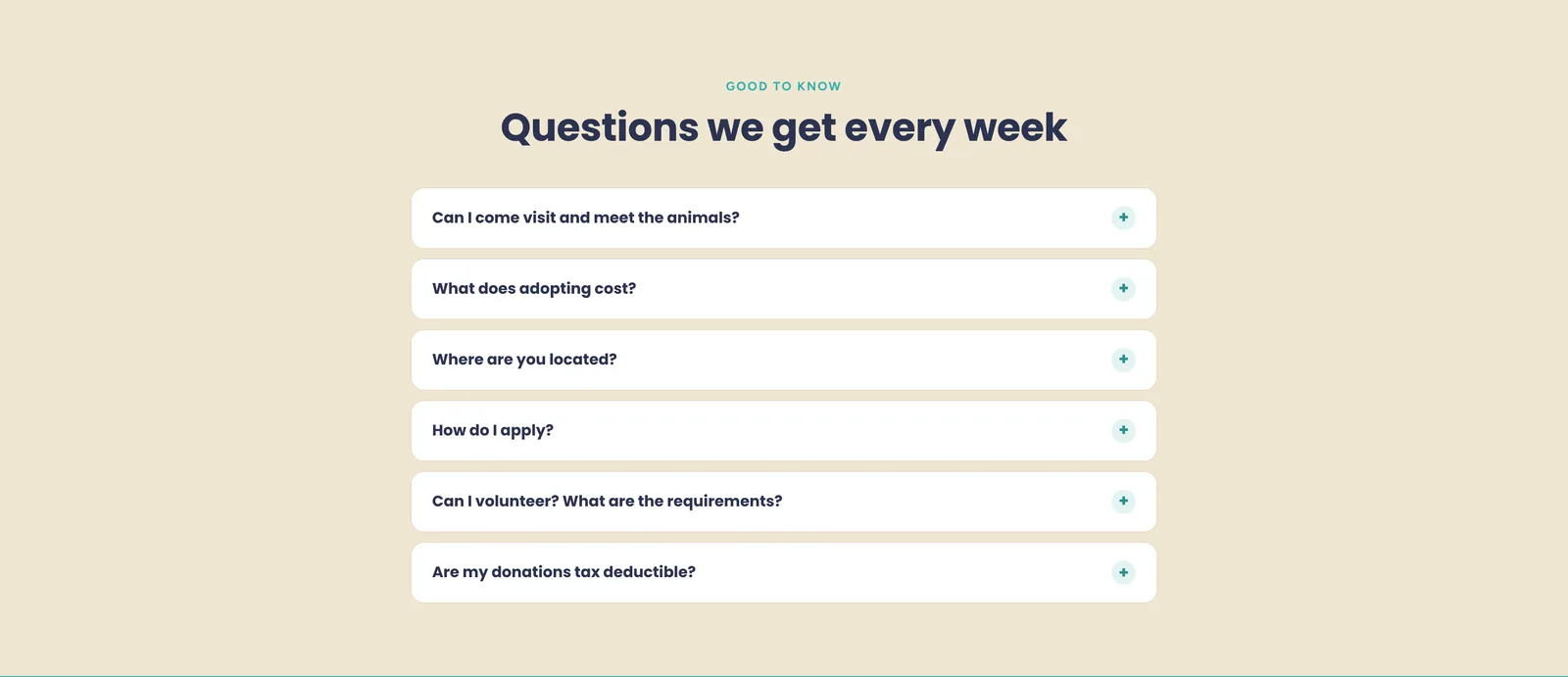 Sunny Sky's FAQ: six collapsed questions reading Can I come visit and meet the animals, What does adopting cost, Where are you located, How do I apply, Can I volunteer and what are the requirements, and Are my donations tax deductible.
