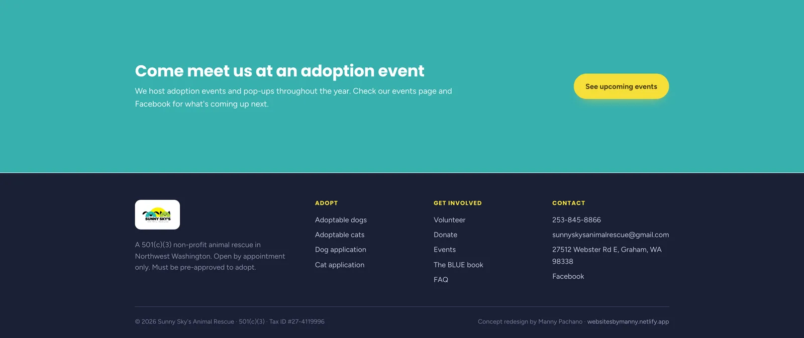 Sunny Sky's events banner: a teal block reading "Come meet us at an adoption event" with a See upcoming events button. Below it a navy footer with adopt, get involved and contact columns, the 501(c)(3) line and the appointment-only note.