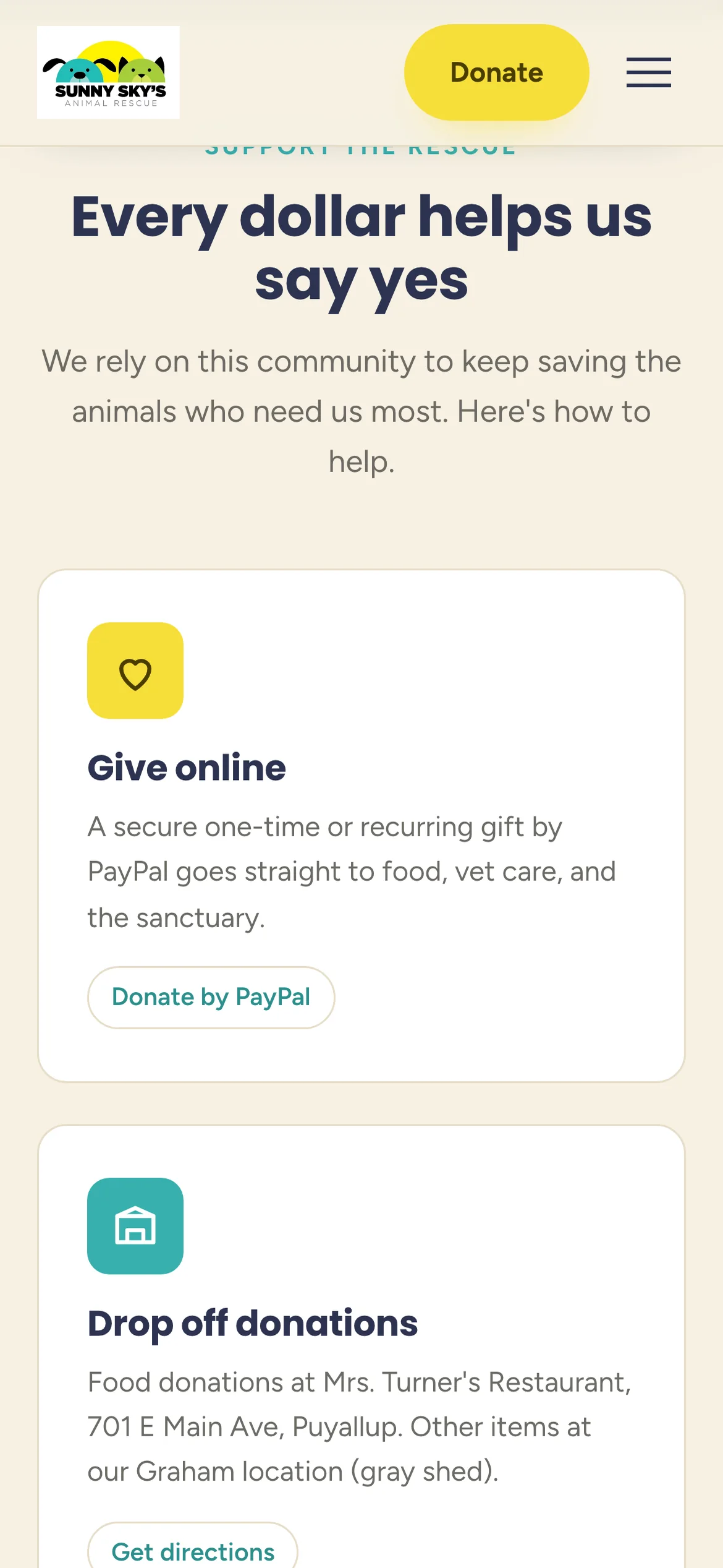 Sunny Sky's on a phone: the donate heading and the Give online and Drop off donations cards stacked with their buttons.