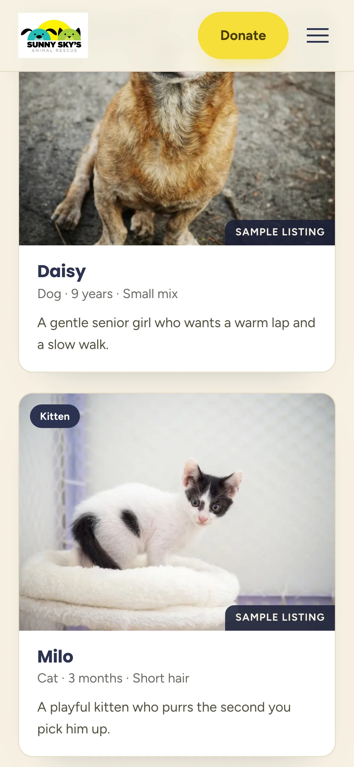 Sunny Sky's on a phone: two adoptable pet cards, Daisy and Milo, each with a photograph, a badge, a sample listing label and a short description.