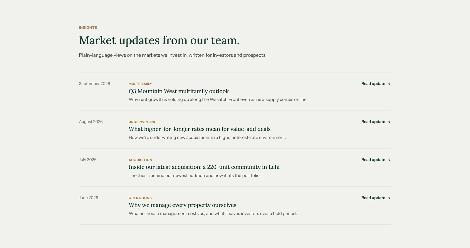 Wasatch Ridge insights section: four rows, each with a date, a category label, a headline and a one-line summary, with a Read update link.