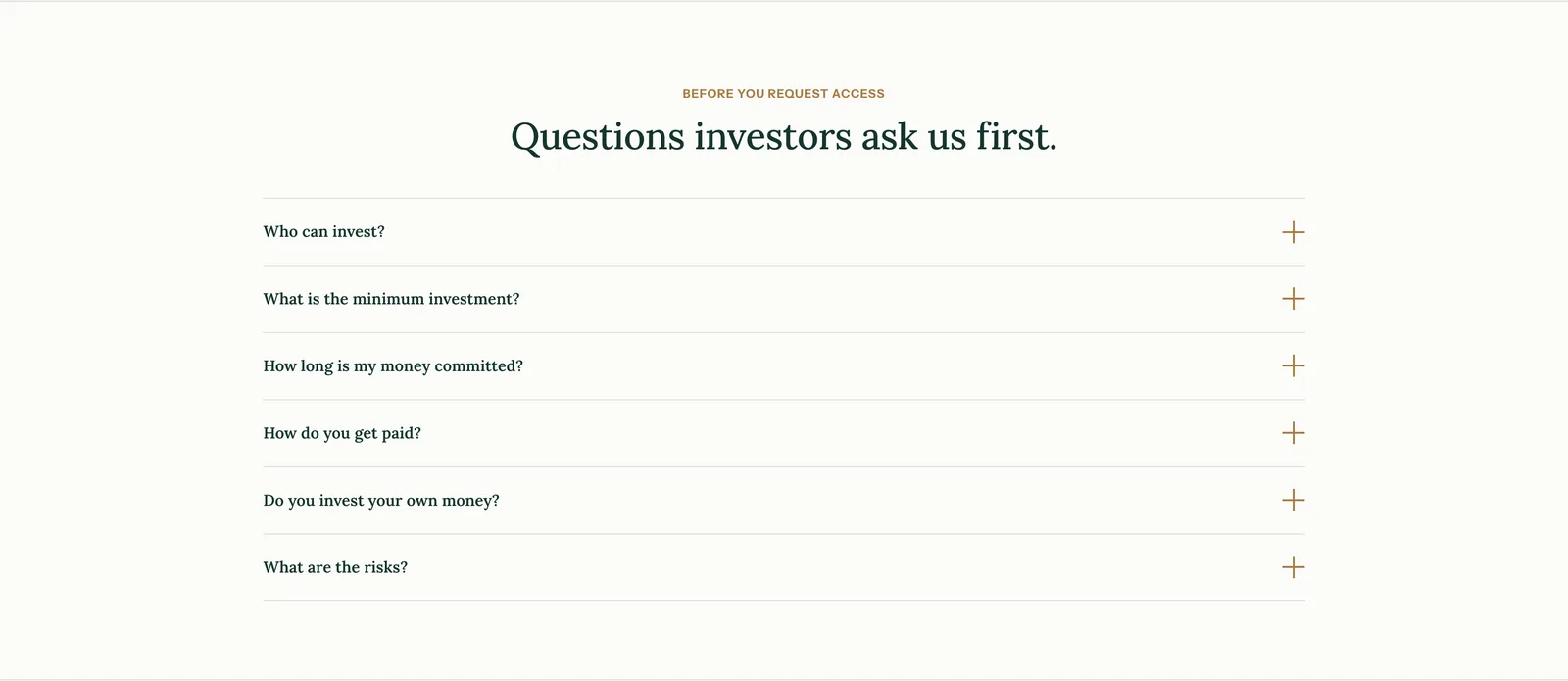 Wasatch Ridge FAQ: six collapsed questions reading Who can invest, What is the minimum investment, How long is my money committed, How do you get paid, Do you invest your own money, and What are the risks.